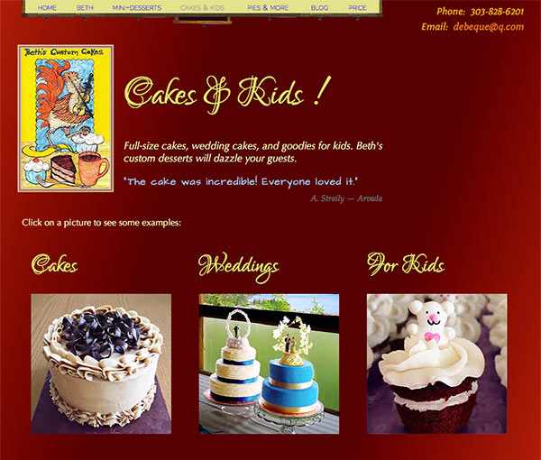 Click to visit site in new tab Beth's Cakes & Kids page, showing cakes, wedding cakes, and desserts for kids