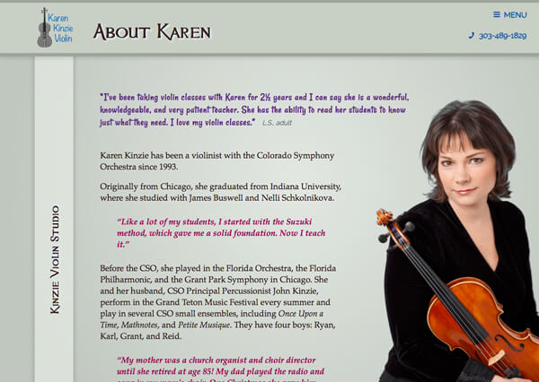 Click to visit site in new tab Colorado Symphony violinist and teacher Karen Kinzie's About page
